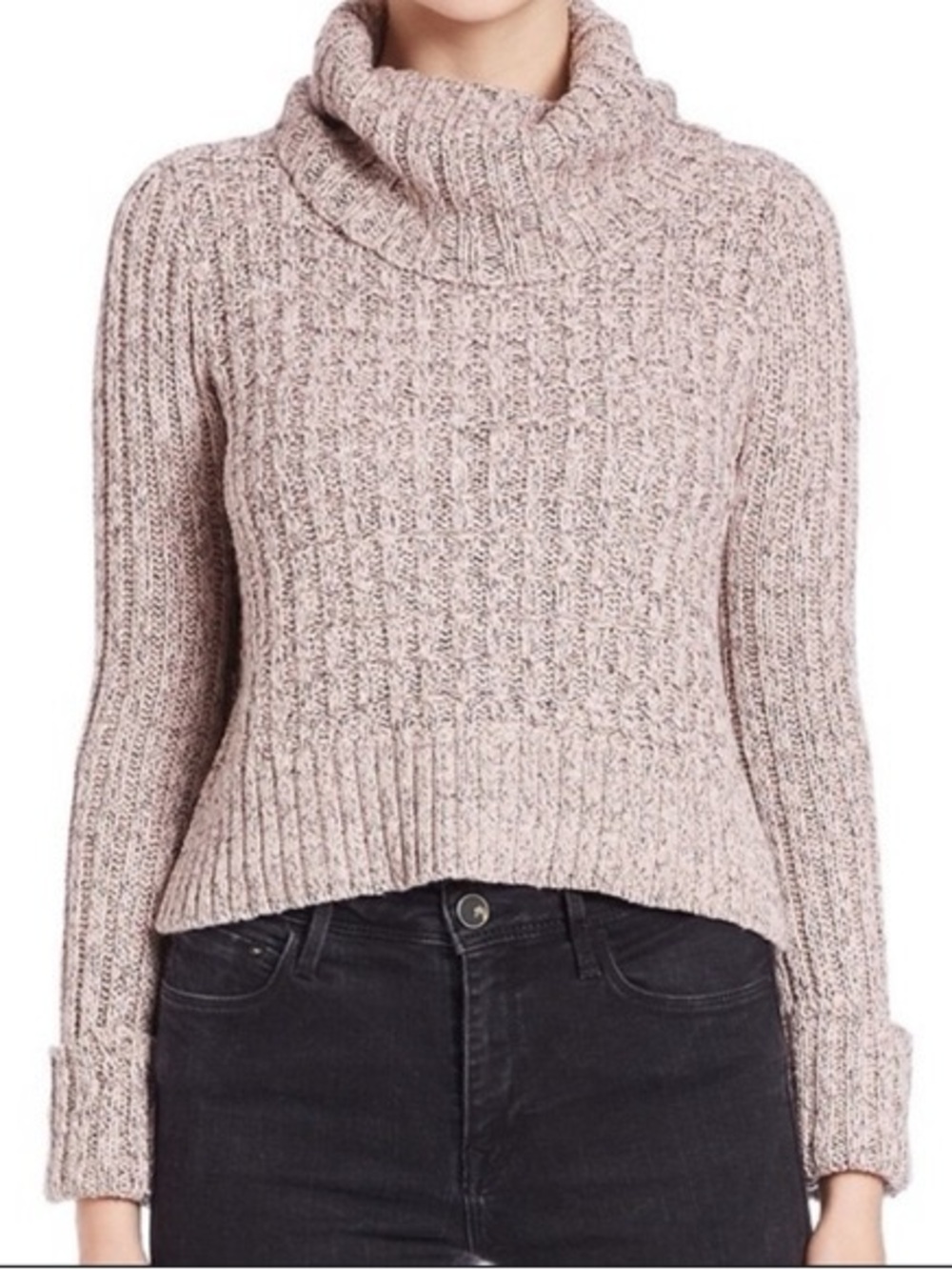 FREE PEOPLE Marled Ballet Cropped Cozy Pink Cable-Knit Turtleneck Sweater